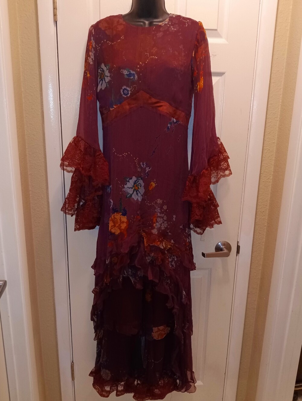 OOAK Vintage Yantha 2 Pc Bohemian Floral Ruffle Maxi Set- Burgundy Feminine!!
